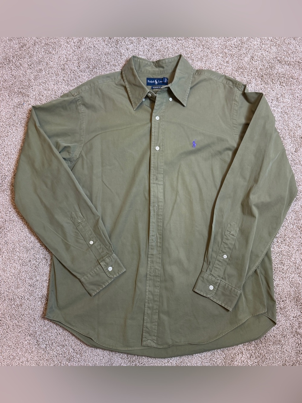 Ralph Lauren Classic Fit XL Olive Green Button Down Shirt | Purple Pony Logo